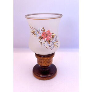 Vtg Viking Votive Glass w/ Wood Stand Hand Paint Flowers Frosted